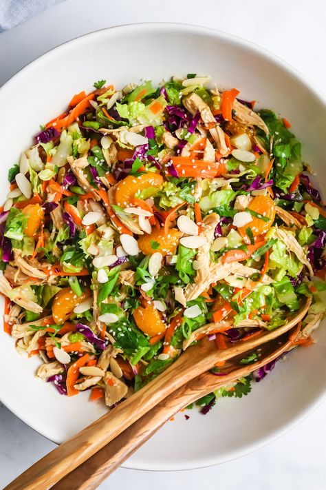 Sesame Chicken Salad — Her Wholesome Kitchen Sesame Chicken Salad, Asian Inspired Salad, Sesame Ginger Dressing, Chopped Veggies, Chinese Chicken Salad, Pre Cooked Chicken, Sesame Ginger, Mandarin Oranges, Ginger Dressing