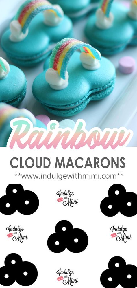 cloud macarons on a plate shown with cloud template. Pastel Rainbow Macarons, Cloud Macarons, Macaroon Template, Macarons Design, Best Macaron Recipe, Rainbow Macarons, Cloud Cookies, French Macaroon Recipes, Macaron Template