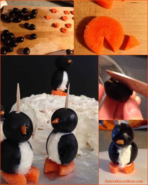 How to Make Cream Cheese and Black Olive Penguins - Sisters Know Best Olive Penguins, Penguin Snacks, Olive Snack, Olive Appetizer, Cream Cheese Appetizer, Fun With Food, Food Project, How To Make Cream, Olive Recipes