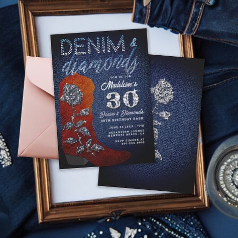 Rhinestone Cowgirl Birthday, Cowgirl Birthday Theme, Rose Birthday Party, 30th Birthday Ideas For Women, 98th Birthday, 30th Birthday Bash, Diamond Theme, Thirtieth Birthday, Denim Background