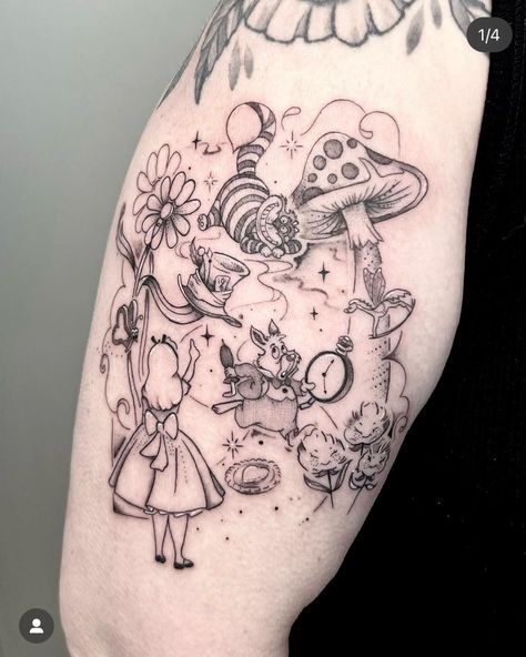 Alice In Wonderland Thigh Tattoo, Queen Of Hearts Tattoo Alice, Alice In Wonderland Caterpillar Tattoo, Alice In Wonderland Sleeve Tattoo, Dark Alice In Wonderland Tattoo Ideas, Alice In Wonderland Flash Tattoo, Alice In Wonderland Flowers Tattoo, Alice In Wonderland Tattoo Ideas, Tattoo Alice In Wonderland