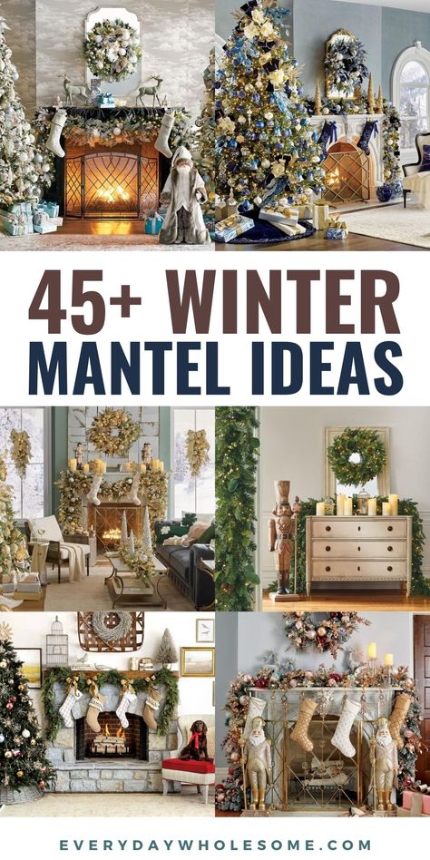 Winter Mantel Decorating ideas with winter aesthetic. Winter mantle decor, christmas mantle decor. winter home decor. Mantel decorating ideas. winter decor ideas for the home. Rustic winter decor. winter decor ideas for home. winter decor ideas. winter decorations. blue gold sillver christmas winter decor. #wintermantel #wintermantle #christmasmantel #christmasmantle #winterdecor #christmasdecor #winterhomedecor #winterdecorations #winterdecorideas #winterwreath #winterwreaths #wintergarland Gold Mantle Decor Christmas, Christmas Mantel Ideas 2023, Winter Fireplace Aesthetic, Winter Decor After Christmas Mantles, January Mantel Ideas, Winter Mantle Decor After Christmas, Winter Mantel Decorating Ideas, Winter Fireplace Decor, Winter Mantel Decor