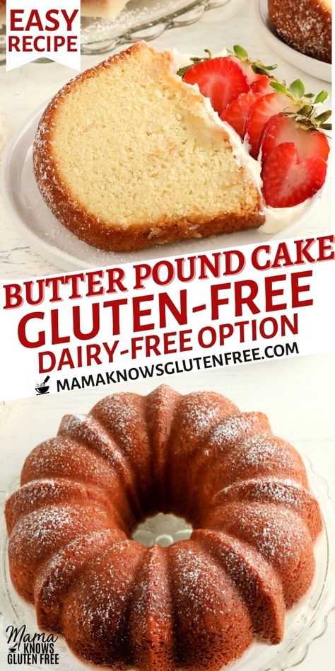 An easy recipe for gluten-free pound cake. This gluten-free dessert recipe also has a dairy-free option. Gluten Free Vegan Pound Cake, Gluten Free Pound Cake Easy, Dairy Free Pound Cake Recipe, Best Gluten Free Birthday Cake, Gf Cakes Recipes, Gf Pound Cake Recipe, Gluten Free Pound Cake Recipes Moist, Vegan Gluten Free Cakes, Gluten Free Cakes Recipes Easy