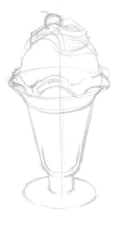 How to make a drawing. Ice Cream Sundae - Step 2 Realistic Dessert Drawing, Ice Cream Sunday Drawing, Food Drawings Sketches, How To Draw Ice Cream Step By Step, Ice Cream Scoop Drawing, Ice Cream Reference Drawing, How To Draw Sweets, Deserts Drawings, How To Draw Whipped Cream