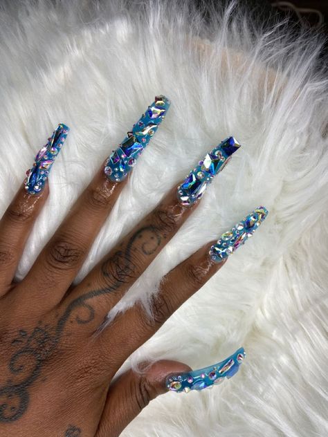 Long double tip acrylic nailsswarovski crystalscoffingelly nails Blue Crystal Nails, Royal Blue Nails Acrylic, Nail Crystal Designs, Nails Swarovski Crystals, Short Nail Styles, Gemstone Nails, Bedazzled Nails, Sapphire Nails, The Best Nail Designs