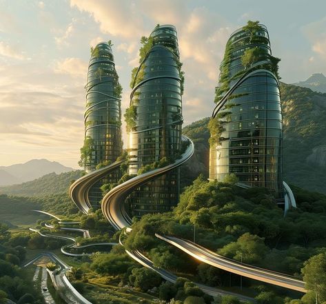 Green Skyscraper, Futuristic Places, Johnson Tsang, Green Tower, Vertical Farm, Solar Punk, Idea Illustration, Traveller Rpg, Sci Fi City