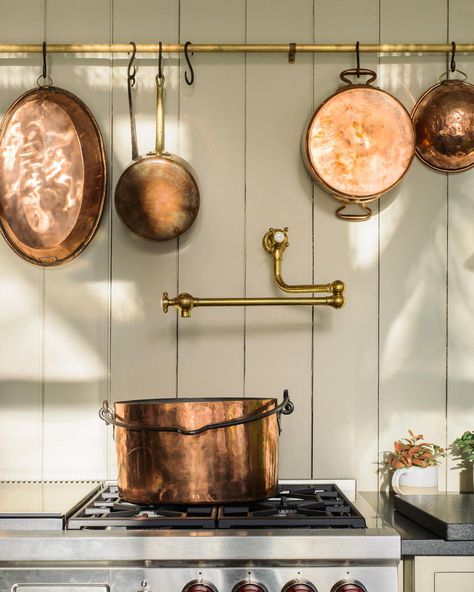 deVOL Aged Brass Hanging Rail | deVOL Kitchens Brass Pot Filler, Kitchen Rails, Rustic Pots, Devol Kitchens, Minimal Kitchen, Home Features, Pot Filler, Cottage Kitchens, Brass Kitchen