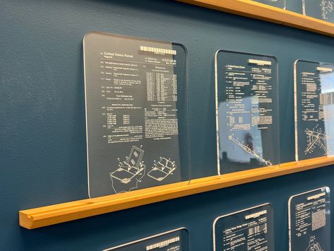 "A classy way to showcase your invention!  These patent plaques are made from 0.25\" clear acrylic and are laser etched with the front page of your patent. They are 8.5\" x 12\" and look fabulous on a colored accent wall. Provide us with the full US Patent number and we will use the first page! **Option for a stand to be included with the patent plaque so it can stand freely on a table.** This item is personalized and custom made, so please allow 1-3 business days for production before the plaqu Acrylic Display Design, Business License Display, Colored Accent Wall, Donor Recognition Wall, Signature Wall, Wall Ledge, Etched Acrylic, Donor Recognition, Plaque Design