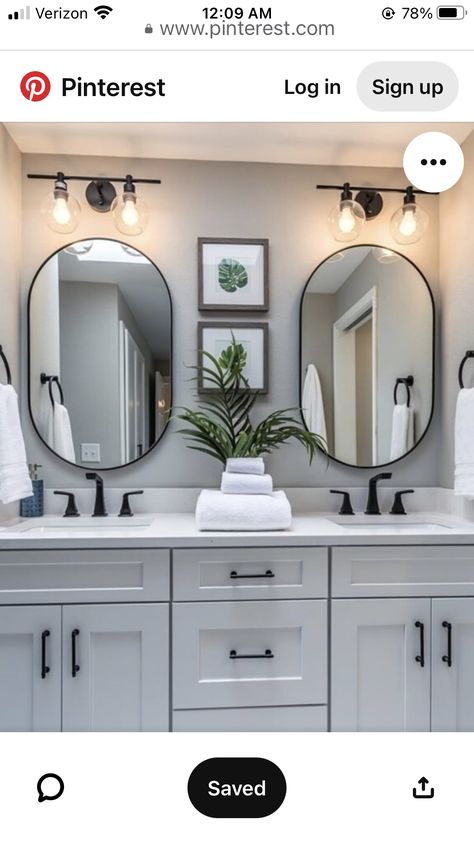 Gray White Master Bath, Dark Gray Bathroom Cabinets Master Bath, White Bathroom Vanity With Dark Grey Top, Bathroom Shaker Cabinets, Dark Gray Bathroom Vanity Black Hardware, Black And White Master Bath Bedroom Vanities, Bathroom Shaker, Greystone Shaker Cabinets Bathroom, White Master Bath