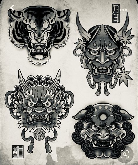 Elbow Tattoo Japanese, American Traditional Knee Cap Tattoo, Japanese Old School Tattoo, Black Japanese Tattoo, Komainu Tattoo, Japanese Traditional Tattoo Flash, Orientalism Art Tattoo, Japanese Hannya Mask Tattoo, Japanese Flash Tattoo