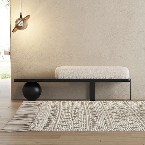 White & Black Wooden Entryway Bench Boucle Upholstered with Abstract Metal Legs Boucle Cushion, Entrance Bench, Entryway Modern, Contemporary Bench, Living Room Bench, Bench Designs, Hallway Furniture, Modern Bench, Baby Seat