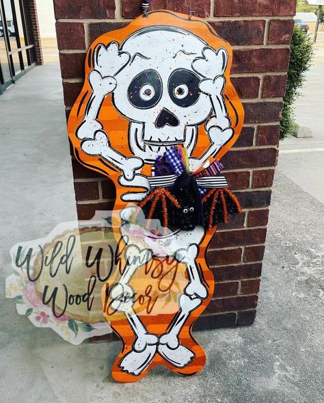 ONE Skeleton Door Hanger - Etsy Skeleton Door Hanger, Wooden Skeleton, Birthday Painting, Halloween Door Hangers, Barn Wood Projects, Cute Surprises, Halloween Crafts Decorations, Halloween Door Decorations, Bunny Face