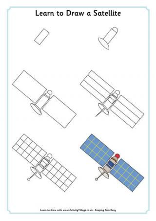 Learn to Draw a Satellite Space Satellite Drawing, Space Drawings For Kids, Satellite Drawing, Satellite Illustration, Fire Truck Drawing, Astronaut And Alien, Draw Space, Design To Draw, Space Satellite