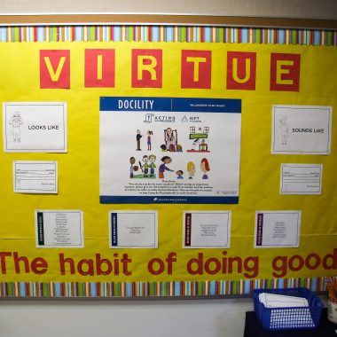 Catholic Virtues, Catholic Bulletin Boards, Interactive Bulletin Board, The Virtues, Back To School Bulletin Boards, Catholic Kids, School Bulletin Boards, Catholic School, Classroom Design