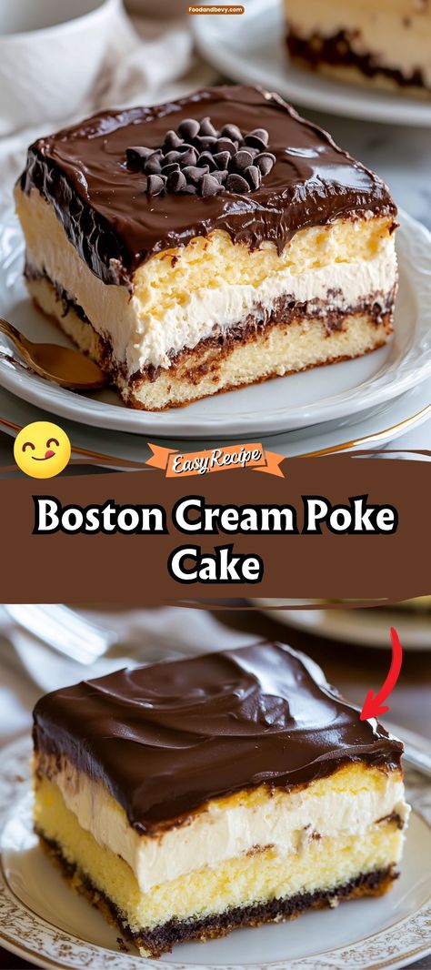 Delicious Boston Cream Poke Cake Boston Cream Pie Poke Cake Easy, Espresso Cream Poke Cake Pioneer Woman, Gluten Free Boston Cream Cake, Boston Cream Pie Birthday Cake, Boston Cream Pie Sheet Cake, Boston Cream Cake Easy, Boston Cream Desserts, Snowy Bavarian Bliss Cake, Boston Crème Pie