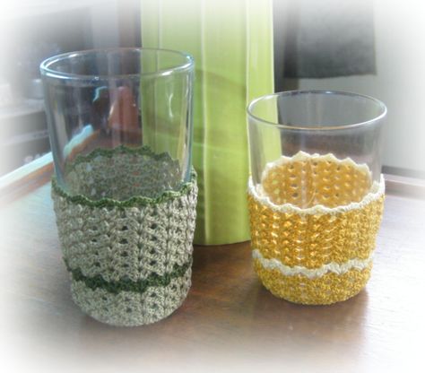 Crochet Glass Cozies | Crocheting with Cotton threads...its more fun in the Philippines! Jar Covers, Crochet Cup Cozy, Cup Cozies, Cozy Pattern, Cozy Crochet Patterns, Crochet Cozy, Crochet For Beginners Blanket, Crochet Coaster, Crochet Kitchen