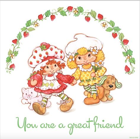 Strawberry Shortcake and her friend, Lemon Meringue with her kitty cat, Custard and Huckleberry Pie's puppy dog, Tom Tom in You Are a Great Friend greeting card design Strawberry Shortcake Pfp, Strawberry Shortcake Pictures, Huckleberry Pie, Pulseras Kandi, Berry Shortcake, Vintage Strawberry Shortcake Dolls, Strawberry Shortcake Cartoon, Strawberry Shortcake Characters, Strawberry Shortcake Doll