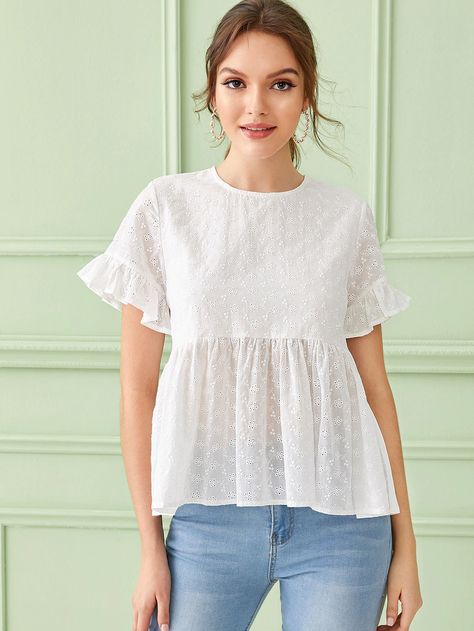 Eyelet Embroidery Flounce Sleeve Smock Blouse | SHEIN Áo Blu, Cotton Tops Designs, Smock Blouse, Eyelet Embroidery, Fashion Tops Blouse, Trendy Fashion Tops, Blouse Pattern Sewing, Flounce Sleeve, Ladies Tops Fashion