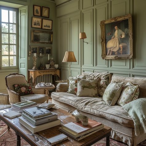 sage green french country living room French Country Green Paint, French Countryside Painting, Country Estate Interior, French Green Paint, Old French Country House, English Country Interior Design, Green Living Room Paint, French Country Paint Colors, Living Room Victorian