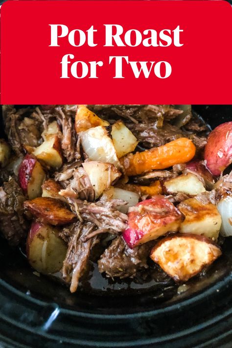 Pot Roast for Two is an easy dinner recipe idea that uses roasted vegetables and beef that is cooked in a 2-quart slow cooker. Perfect for two people! If you're looking for a delicious recipe that feeds just a couple of people, or yourself with leftover, this is the recipe! Vegetables are roasted separately so they don't over cook and get mushy. The beef is cooked in a small crock pot, perfect for two people. This is a hearty dinner idea perfect for chilly evenings! Crock Pot Meals For 2 People, Small Pot Roast Slow Cooker, 2 Quart Crock Pot Recipes Easy, Small Slow Cooker Recipes For Two, Small Crockpot Meals For 2, Pot Roast For 2, Crock Pot Meals For Two, 2 Quart Crock Pot Recipes, Crockpot For Two