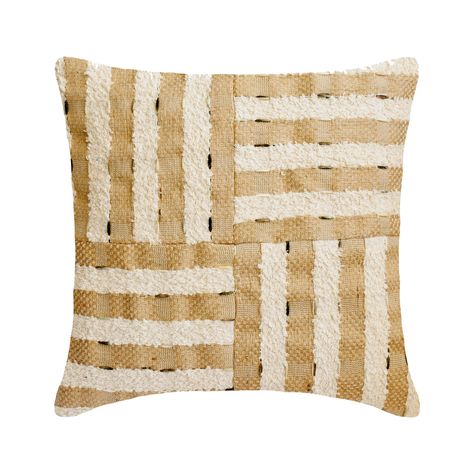 Decorative Jute Pillow Cover 16x16 Inch Beige / Ivory Striped Pattern Throw Cushion with Boucle Embroidery Moroccan Contemporary-Jute Appeal Patchwork Cushion, Office Couch, Stripe Throw Pillow, Couch Chair, Bed Runner, Chair Sofa, Plain Fabric, 16x16 Pillow Cover, Pillow Cover Design