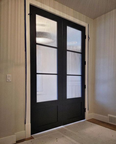 Reeded glass office doors we built and installed in this new home! #doors #glass #modernrustic #build #create #design Fluted Glass Front Door, Reeded Glass Door, Glass Office Doors, Glass Entrance Doors, Crittal Doors, Office Doors, Glass Pantry, Exterior Doors With Glass, Reeded Glass