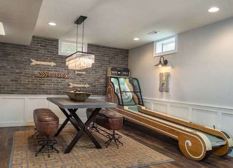 Arcade Basement, Exposed Wood Ceilings, Cozy Bar, Vintage Arcade, Cozy Basement, Basement Renovation, Basement House, Small Basements, Contemporary Light Fixtures