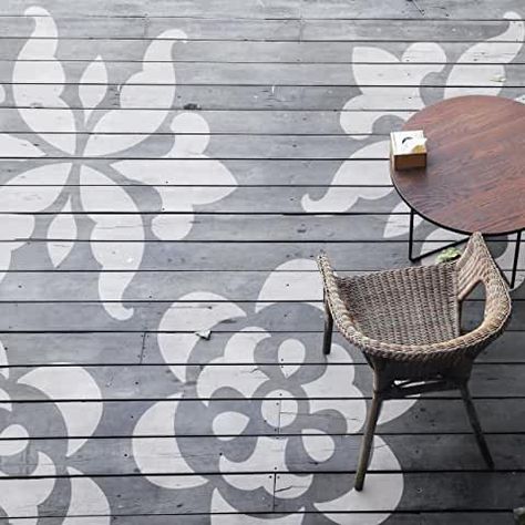 Amazon.com: large stencils for painting floors Stencil Deck Floor, Front Porch Floor Colors, Stenciled Concrete Floor Patio, Stenciled Concrete, Stenciled Concrete Floor, Painted Porch Floors, Greek Cafe, Floral Wall Stencil, Geometric Wall Stencil