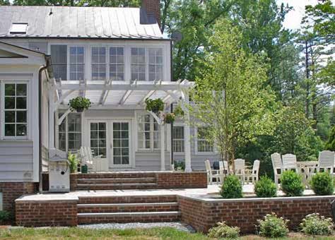 Brick And Sandstone Patio, Raised Back Patio, Pergola Cost, Yard Remodel, Online Landscape Design, White Pergola, Pool Pavers, Raised Patio, Bluestone Patio