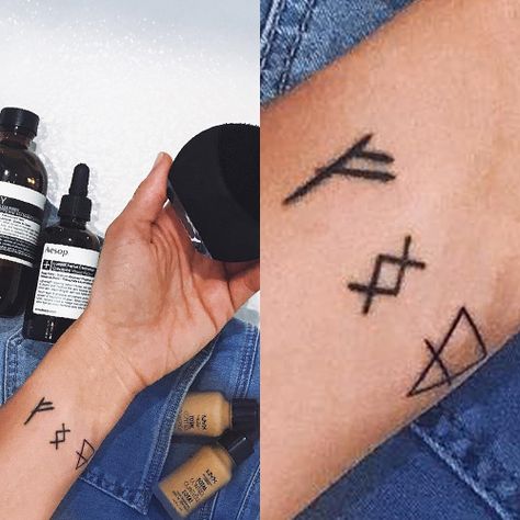 Maya Ahmad Runes Wrist Tattoo | Steal Her Style Wealth Tattoos, Inguz Tattoo, Runes Tattoo, Earth Symbol, Rune Alphabet, Element Tattoo, Earth Symbols, Planetary Symbols, Symbol Of Wealth