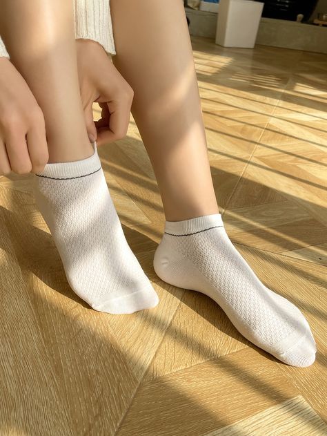 White    Polyester Striped Ankle Socks Embellished   Women Socks & Hosiery Socks With Sneakers, Bat Woman, White Ankle Socks, Ankle High Socks, Heels And Socks, Moisture Wicking Socks, Socks Aesthetic, Dr Wardrobe, Hot Pink Fashion