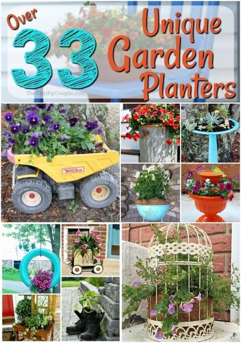 33 Ways to Reuse Items for Unique Garden Planter Ideas - The Thrifty Couple. I love these ideas on ways to use old items and stuff to make a new garden planter for flowers or vegetables, or herbs or fruit. You can turn nearly anything into a garden planter. #gardening #gardens #garden #gardenideas #gardentips #gardenhacks #planters #unique #containergardening #gardenplanters #outdoorspaces #outdoors #yards #tips #hacks #tricks #vegetablegarden #flowergarden Unique Container Garden Ideas, Unique Garden Containers, Unique Outdoor Planter Ideas, Unique Planter Ideas Outdoor, Unique Gardening Ideas, Shoe Planter Ideas, Planters From Recycled Items, Unusual Planters Ideas Upcycling, Repurposed Flower Pots