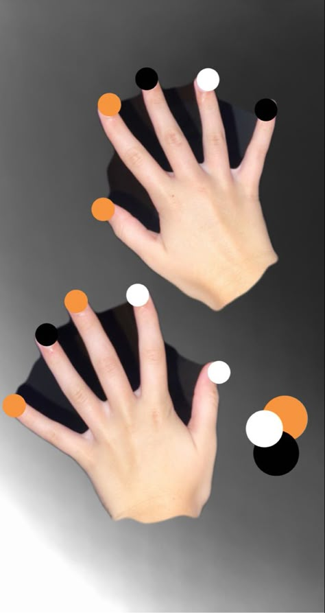 Black N Orange Nails, Orange White Black Nails, Nail Polish Patterns, Black White Orange Nails, Black White And Orange Nails, Orange White And Black Nails, Black Orange And White Nails, Orange And Black Nails Short, Orange Black And White Nails