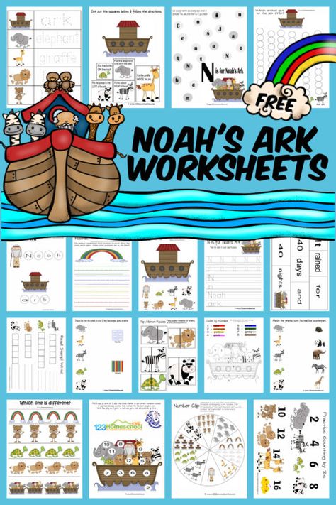 Kids will have fun practicing alphabet letter N, numbers, counting, skip counting by 2s, shapes and more with these noah's ark worksheet,  The noah and the ark worksheets are perfect for toddler, preschool, pre-k, and kindergarten age students and include clipart of Noah, the ark, and lots of cute animals from lions to turtles, panda to zebrra, giraffee to elephants, and more! Simply download pdf file with free noah's ark printables and you are ready to play and learn! Noah's Ark Activities For Kids, Noah's Ark Craft Preschool, Noahs Ark Preschool, Noahs Ark Activities, Noahs Ark Craft, Free Sunday School Lessons, Ark Craft, Noahs Ark Animals, Bible Activities For Kids