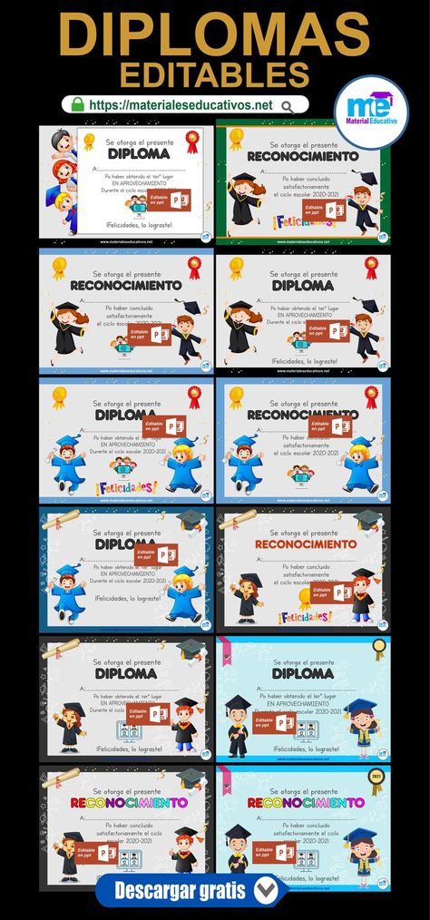 Plantillas Diplomas y Reconocimientos niños graduados ciclo escolar 2020-2021-PPT Power Point, Education