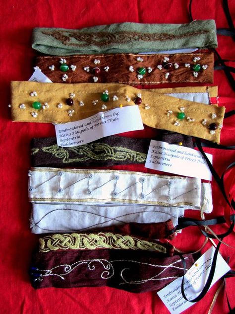 Headbands | Barony of Skraeling Althing Sca Largesse, Largesse Ideas, Pebble Path, Embroidery Couture, The Dirty Dozen, Medieval Accessories, Medieval Embroidery, Medieval Crafts, Derby Ideas