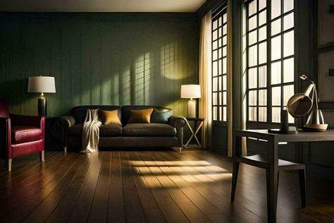 a living room with dark green walls and wooden floors. AI-Generated Room With Dark Green Walls, Dark Green House, Man Living Room, Dark Green Walls, Green Walls, Wooden Floors, Tree Saw, Cityscape Photos, Green House