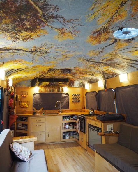 Custom artwork and an open floor plan make the interior feel pretty spacious. . Ford E450 2008 Van Ceiling, Ceiling Mural, Home Depot Paint, Appreciate What You Have, Ceiling Murals, Rv Adventure, Bus Life, Rv Rental, Ceiling Ideas