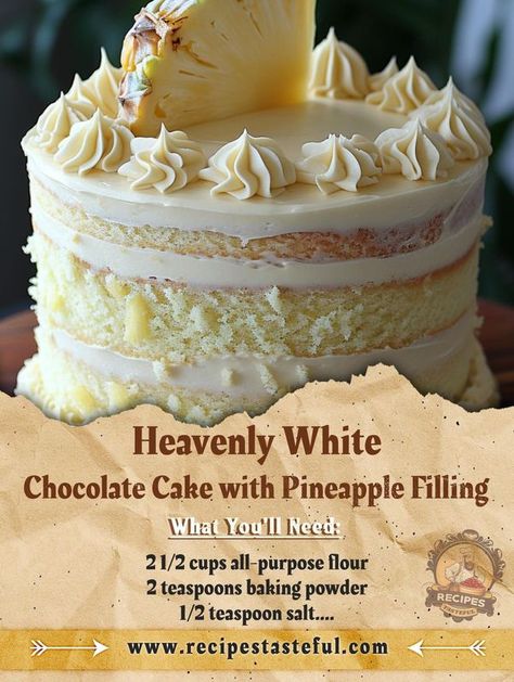 Heavenly White Chocolate Pineapple Cake, White Chocolate Pineapple Cake, White Chocolate Pineapple, Cake With Pineapple Filling, Chocolate Pineapple, Baking Powder Recipe, Cake With Pineapple, Pineapple Filling, Pineapple Cake Recipe