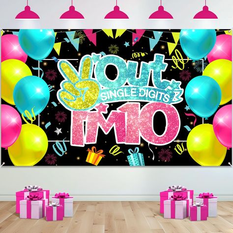 PRICES MAY VARY. [10th Birthday Party Banner]: The size of the corlorful"Out Single Digits I'm 10 Banner" is 70.86 x 43.3 inches, including a 20 foot long rope. It's big and beautiful enough to decorate your birthday party and leave a deep impression on your guests. ﻿ [Doule Digits Birthday Party Decoration]: The 10 years old birthday banner features an excellent combination of blue,yellow ,pink and black, and features a striking design "Out Single Digits I'm 10", making the 10th birthday party The Big 10 Birthday Party Ideas, Double Digit Birthday Party, 10 Year Birthday Party Ideas Boys, Birthday Ideas For 10 Year Girl, 10 Year Birthday Party Ideas For Girl, Ten Year Old Birthday Party Ideas, Girls 10th Birthday Party Themes, 10 Yr Birthday Party Ideas, Girls 11th Birthday Party Ideas