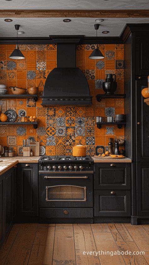 Burnt Orange Kitchen Cabinets, Black And Orange Kitchen, Black And Yellow Kitchen, 70s Camper, Orange Kitchen Ideas, Rust Kitchen, Kitchen Cupboard Colours, Portugal Tiles, Cottage Core Kitchen