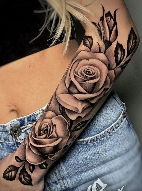 Womens Rose Sleeve Tattoo, Glitter Rose Tattoo, Rose Sleeve Tattoos For Women, Black And Grey Sleeve Women, Right Arm Sleeve Tattoo For Women, Rose Tattoo On Forearm For Women, Rose Sleeve Tattoo Women Forearm, Sleeve Tattoos For Women Roses, Arm Pit Tattoo Women