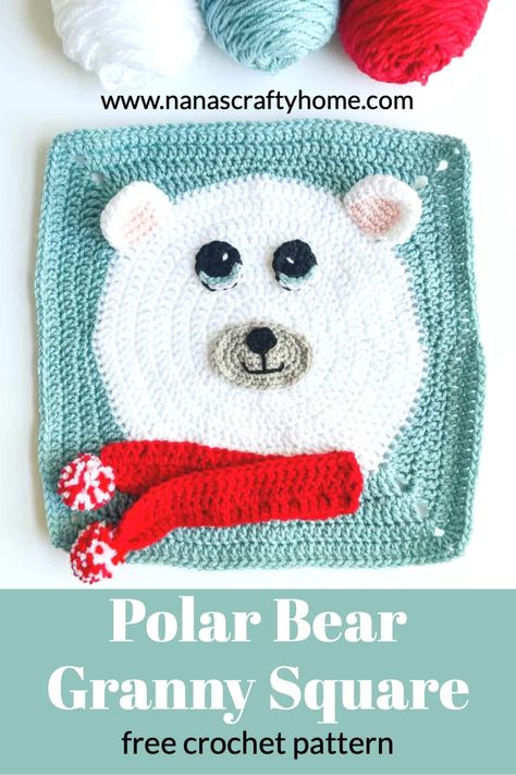 The Polar Bear Granny Square is a free crochet pattern by Nana's Crafty Home! This adorable granny square works up to a large 14" square perfect for blankets or pillows! So versatile - make for Christmas or use different color for bears for year round bear fun! Bear Granny Square, Polar Bear Applique, Polar Bear Crochet, Crochet Polar Bear, Bear Applique, Bear Patterns, Bear Crochet, Crochet Square, Crochet Hook