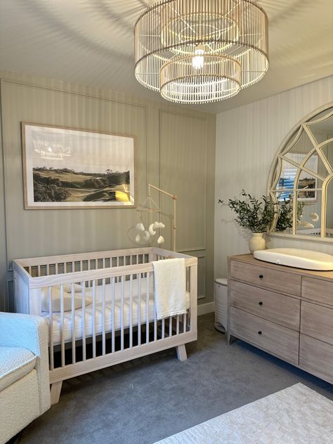 Natural and organic nursery with subtle green and golf vibes. Gender neutral but perfect for our baby boy! Gold Crib Boy Nursery, Baby Boy Nursery Golf Theme, Golf Baby Nursery, Boys Nursery Green, Golf Theme Nursery, Vintage Golf Nursery, Boy Nursery Room, Golf Nursery Baby Boy, Golf Themed Nursery