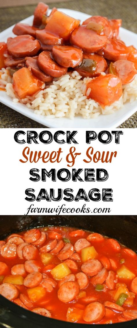 Sweet and Sour Smoked Sausage is a yummy recipe that can be made as an appetizer or over rice for a meal. #CrockPotRecipes #SlowCooker #SmokedSausage Crock Pot Smoked Sausage, Flavor Flave, Appetizer Crockpot, Sweet And Sour Kielbasa, Sausage Crockpot, Smoked Sausage Recipes, Crockpot Appetizers, Recipe Pork, Recipes Sausage