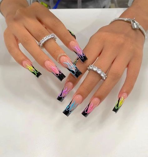 45 Top Homecoming nails with black nails 2021 to try - Page 5 of 5 - Mycozylive.com | Acrylic nails, Long acrylic nails coffin, Pink acrylic nails https://www.pinterest.com/pin/nails-by-dailynails31-on-instagram-12345-6--356910339229832034/ Nails And Rings, Rave Nails, Multicolored Nails, Black Acrylic Nails, Long Acrylic Nail Designs, Colorful Nail, Edgy Nails, Cute Acrylic Nail Designs, Glow Nails