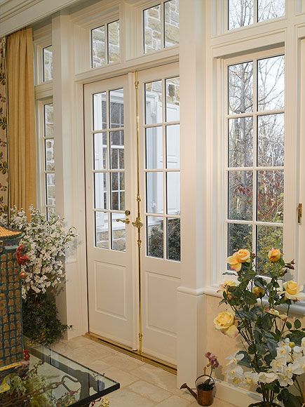 Conservatory Doors With Raised Panels And Brass Hardware Sunroom Renovation, Mission House, French Balcony, Victorian Porch, Main Entrance Door Design, French Doors Exterior, Traditional Colonial, French Doors Patio, French Colonial