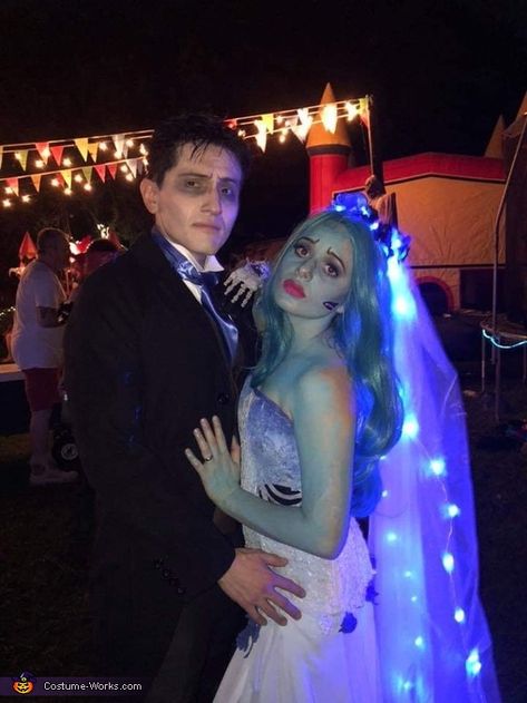 Jessica: I've always loved Time Burton and this year I decided I wanted to become Emily the Corpse Bride and have my boyfriend become Victor! My mom and I made the... Corpse Bride And Groom Halloween, Corpse Bride And Groom Costume, Emily Corpse Bride Costume Diy, Tim Burton Couple Costumes, Corpse Bride And Victor Costume, Emily And Victor Costume, Corpse Bride Costume Couple, Victor And Emily Costume, Victor Corpse Bride Costume