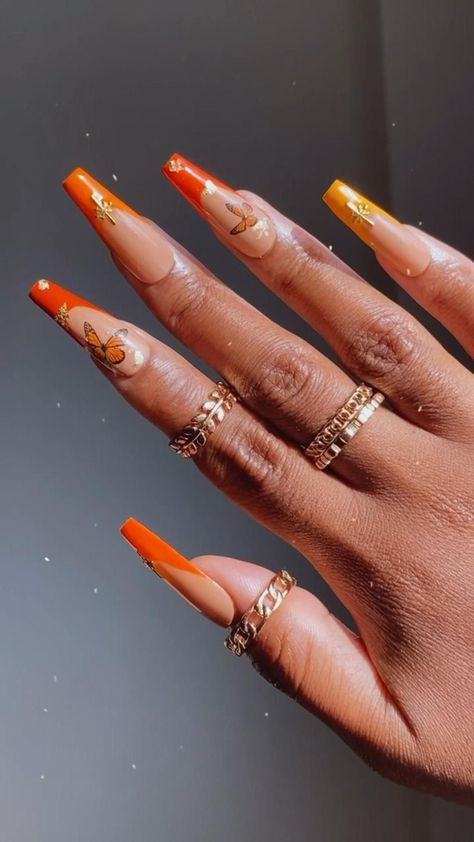 Cute Trendy Nails Short Square, Cute Trendy Nails, Bolt Nails, Lightning Bolt Nails, Orange Acrylic Nails, Nails Short Square, Brown Acrylic Nails, Makeup Nails Designs, Gold Glitter Nails