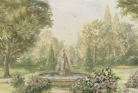 French style garden illustration on Behance Vintage Garden Illustration, French Garden Painting, French Style Painting, English Garden Illustration, French Background, Parisian Painting, Paris Garden, Arabic Logo, Paris Painting